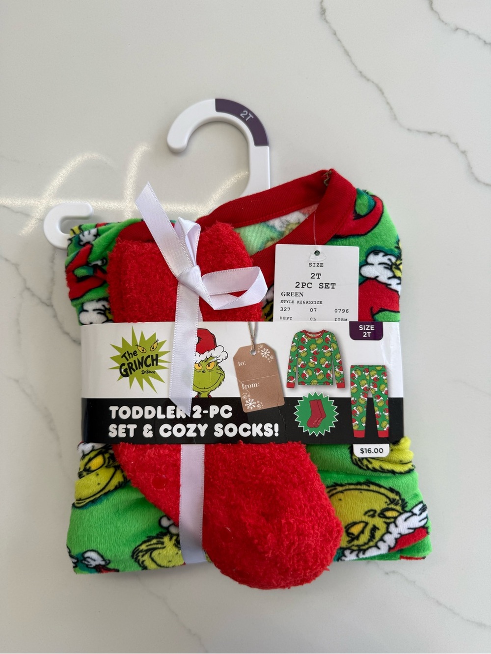 The Grinch Toddler 2-Piece Pajama Set with Cozy Red Socks - Green/Red, Size 2T